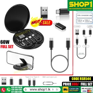 All in One 60W USB Type C to C Fast Charging Travel Data Cable Set Micro USB and Lightning Port adapter kit with Inbuilt Phone Stand